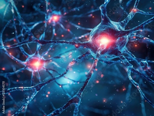 Fototapeta Illustration of neurons with red and blue nerve cells representing neural connections