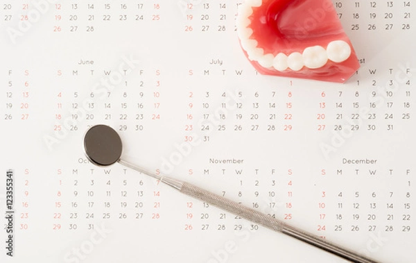 Obraz Dentist tool and demonstration teeth model on calendar