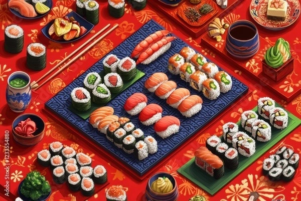 Fototapeta A Colorful and Varied Sushi Spread Featuring Delicate Rolls, Fresh Seafood, Decorative Plates, and Vibrant Colors Against a Red Background