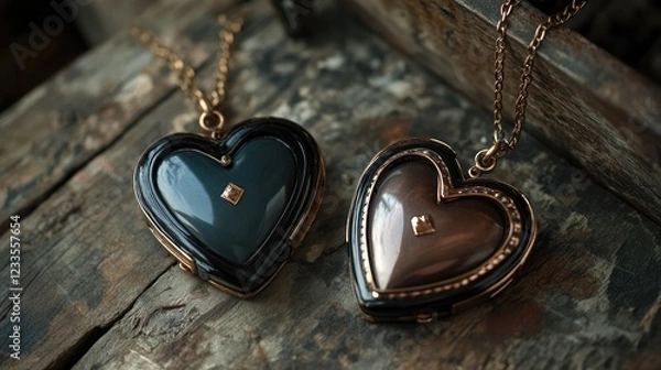 Fototapeta Locket and chain - Heart shaped - open and closed locket