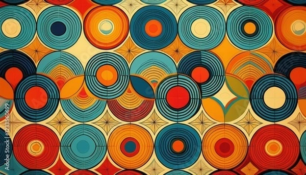 Fototapeta Vibrant Sixties Pattern Bold Geometric Designs in RetroInspired Palette, Exuding Energetic Vibe of the Swinging s.