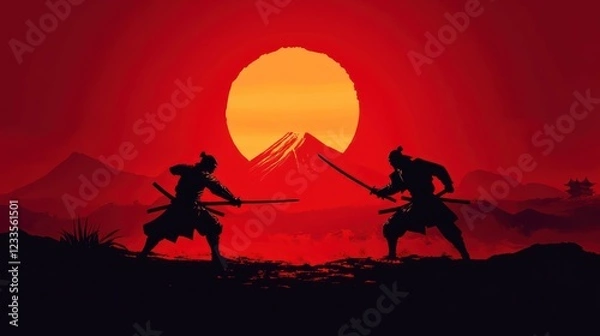 Obraz 2 samurai silhouette fighting, dark red background