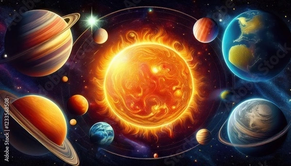 Fototapeta Vibrant Galactic Spectacle Stunning Display of Planets, Comet, Sun, and Star against the Infinite Backdrop of Space on January , .