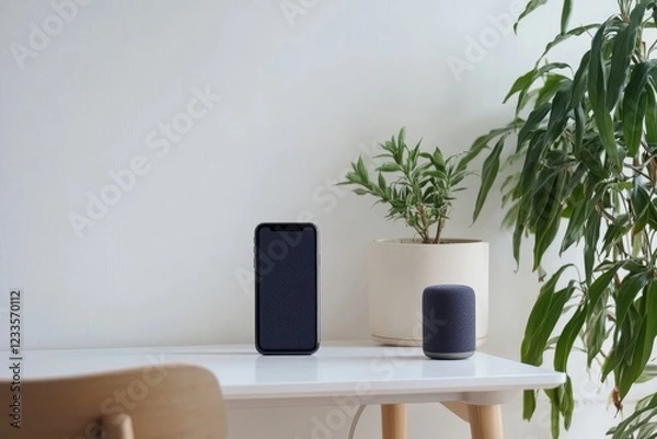 Obraz Smart speaker and phone on white desk near plant.