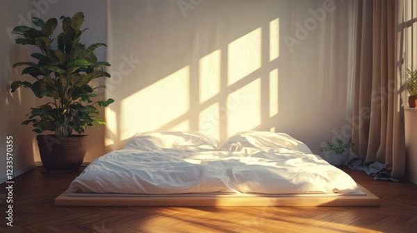 Fototapeta A minimalist bedroom scene featuring a simple floor bed with cozy white sheets, warmly illuminated by soft daylight