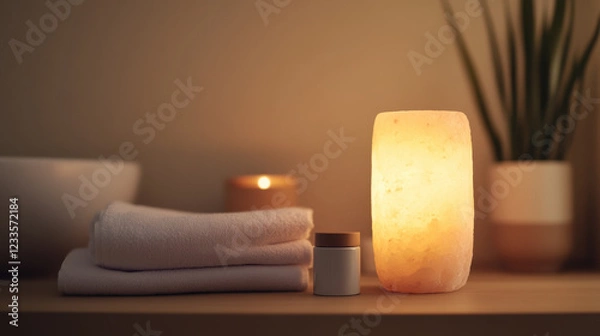 Fototapeta Soft glowing Himalayan salt lamp with spa essentials for relaxation