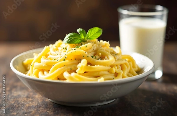 Fototapeta Pasta with cheese and milk for World Milk Day. A bowl of cheesy pasta sits alongside a glass of milk, representing World Milk Day. It is a simple, wholesome, and delicious still life.