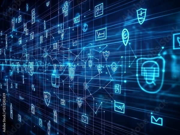 Fototapeta Futuristic Blue Digital Technology Background with Cybersecurity Icons and Connections : Generative AI