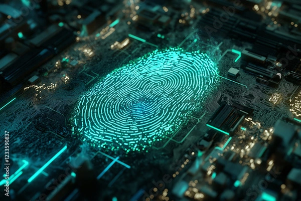 Obraz Cybersecurity Fingerprint: Digital Identity on Circuit Board