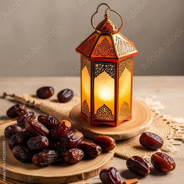 Fototapeta Muslim lantern with dried dates on table