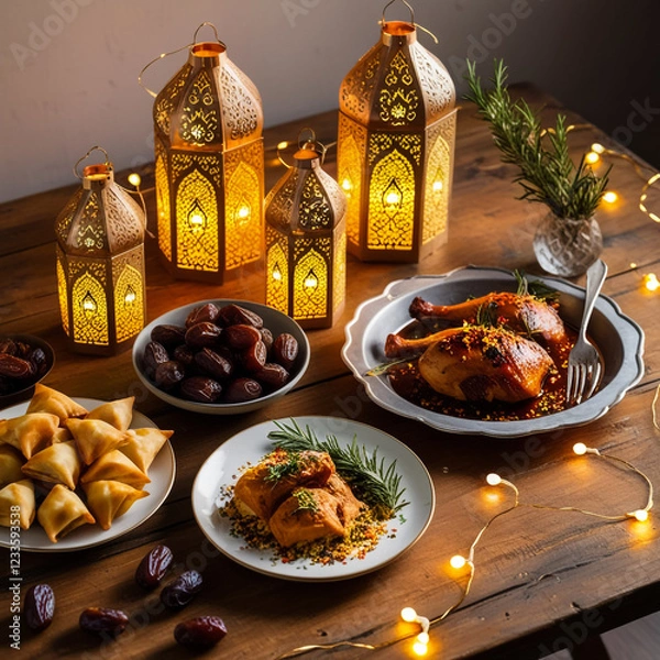 Fototapeta Muslim lantern with dried dates on table