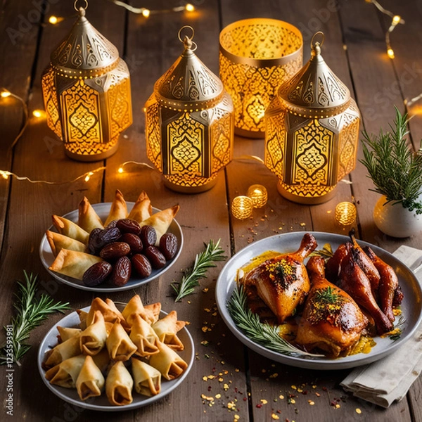 Fototapeta Muslim lantern with dried dates on table