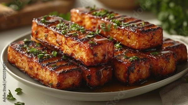 Fototapeta Grilled tofu slices garnished with herbs on a plate, showcasing vibrant colors and textures