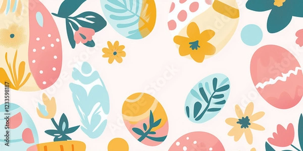 Fototapeta Osterthema mit sich wiederholenden Elementen wie Ostereiern, Hasen, Blumen und Körben. Spielen Sie mit runden Formen und weichen Kurven, verspielt und fröhlich sein, ideal für Osterdekoration, Geschen