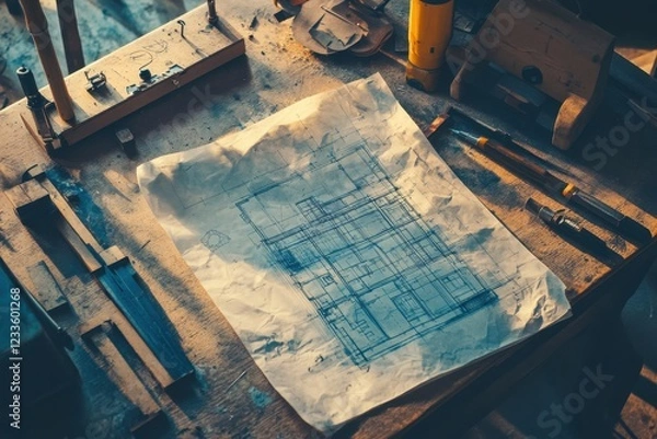Fototapeta Crumpled Blueprint of Building on Dusty Desk with Drafting Tools