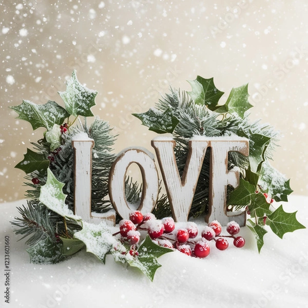 Fototapeta A Christmas tree toy in the form of a heart hangs on a branch covered with snow.