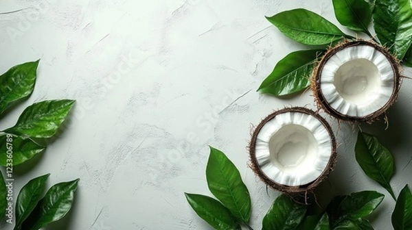 Fototapeta Tropical Delight: Two Halved Coconuts Nestled Among Lush Green Leaves on a Textured White Background