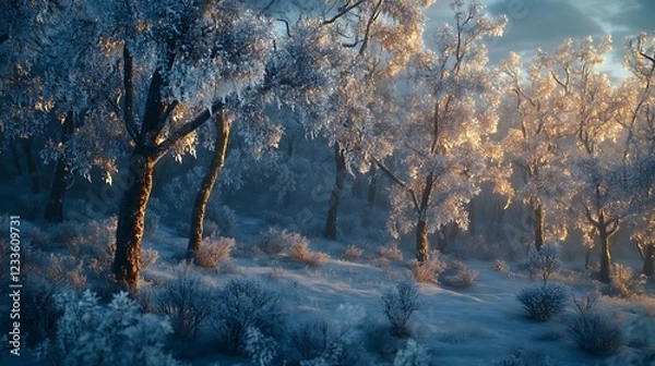 Fototapeta Frosty winter landscape with illuminated trees and soft snow.