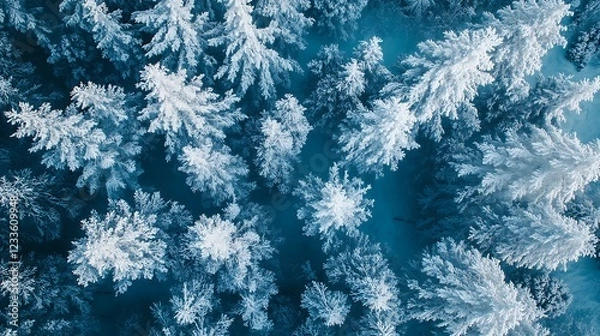 Fototapeta Aerial view of snow-covered evergreen trees in a winter landscape.