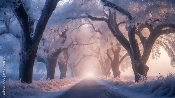 Fototapeta A serene, icy road lined with frosted trees, creating a mystical winter atmosphere.