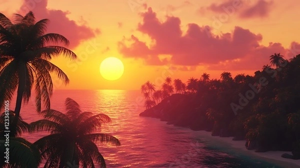 Fototapeta A serene tropical sunset over calm waters, framed by palm trees and lush greenery.