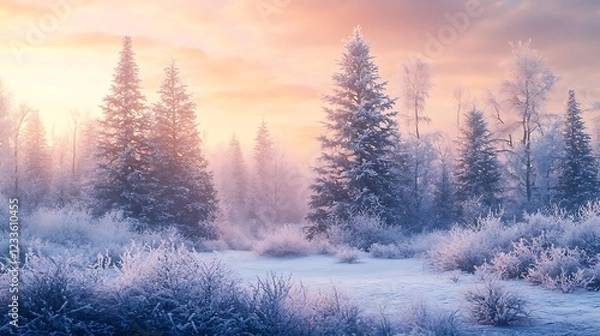 Fototapeta A serene winter landscape with frosted trees and soft pastel skies at dawn.