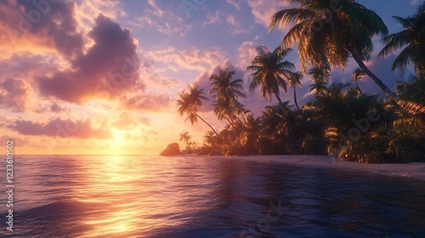 Fototapeta A serene beach scene at sunset, with palm trees and calm ocean waves.