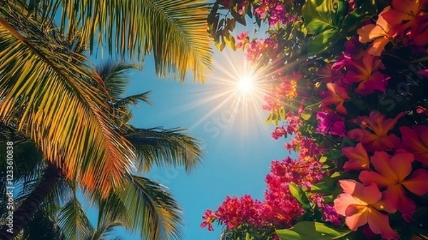 Fototapeta A vibrant tropical scene with palm trees and colorful flowers under a bright sun.