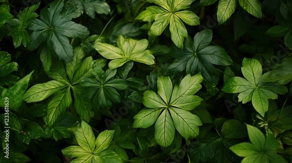 Fototapeta A close-up view of various green leaves creating a lush, vibrant foliage background.