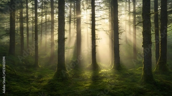 Fototapeta A serene forest scene with sunlight filtering through trees, creating a mystical atmosphere.