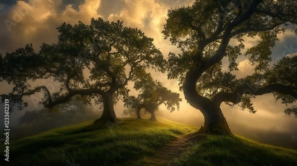 Fototapeta A serene landscape featuring twisted trees and mist, illuminated by soft, golden light.