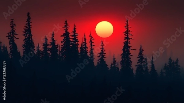 Fototapeta A serene sunset behind dark silhouettes of pine trees, creating a tranquil atmosphere.
