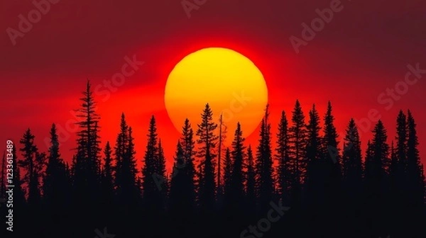 Fototapeta A vibrant sunset over a silhouette of pine trees against a red sky.