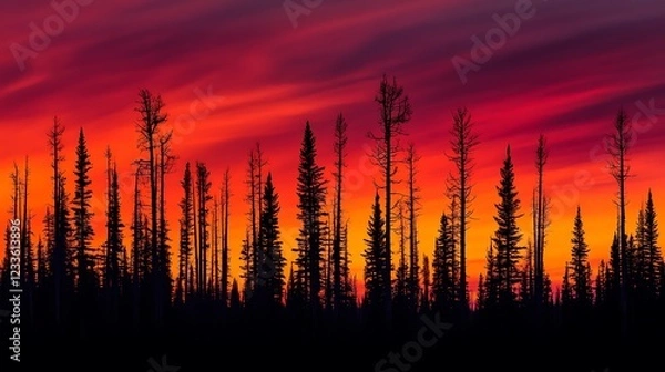 Fototapeta A vibrant sunset silhouette of trees against a colorful sky.