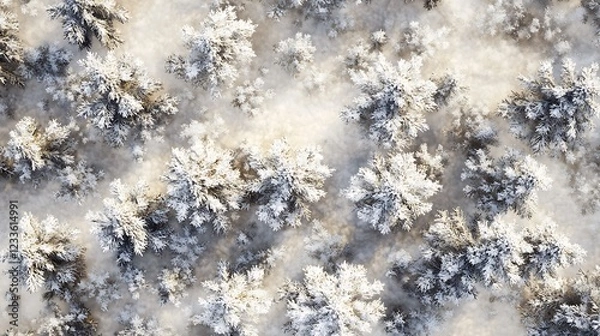 Fototapeta Aerial view of snow-covered trees in a winter landscape.