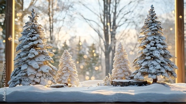 Fototapeta A serene winter scene with snow-covered trees and soft lighting, evoking a cozy atmosphere.