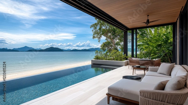 Fototapeta Luxurious beachfront penthouse suite with rooftop infinity pool and stunning views