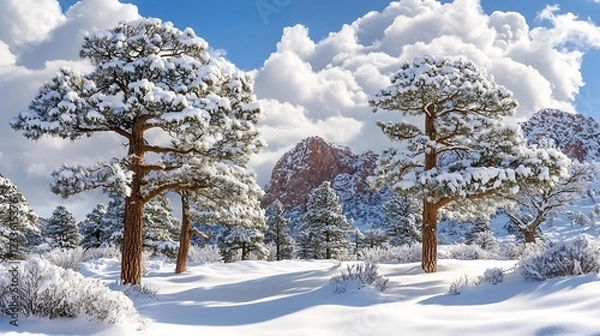 Fototapeta A serene winter landscape with snow-covered trees and mountains under a cloudy sky.