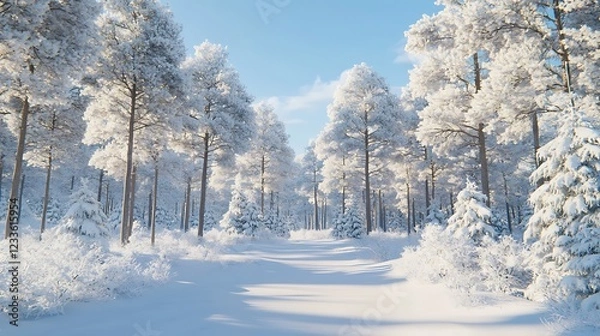 Fototapeta A serene winter landscape with snow-covered trees and a clear blue sky.