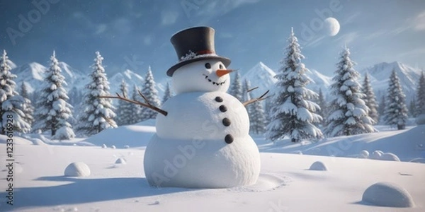 Fototapeta Snowman building in a snowy landscape with snowflakes, cold weather, snowman