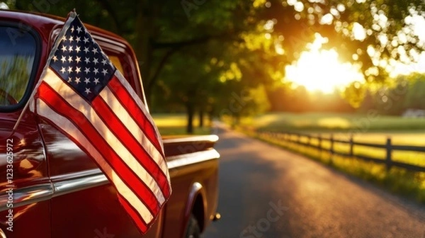Obraz Vintage Red Pickup Truck with American Flag in Countryside at Sunset with Warm Light and Green Trees