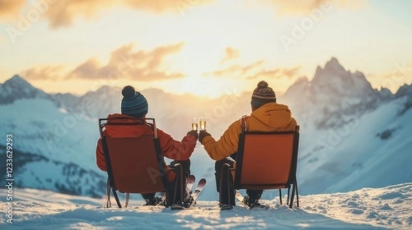 Fototapeta Happy skier sitting at mountain top in snow field clink with wine glass.