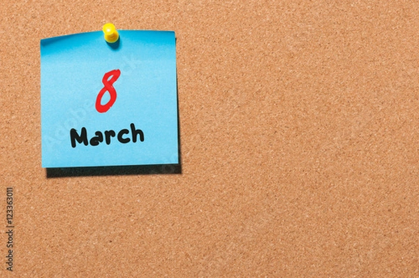 Fototapeta March 8th. Day 8 of month, calendar on cork notice board background. Spring time, empty space for text