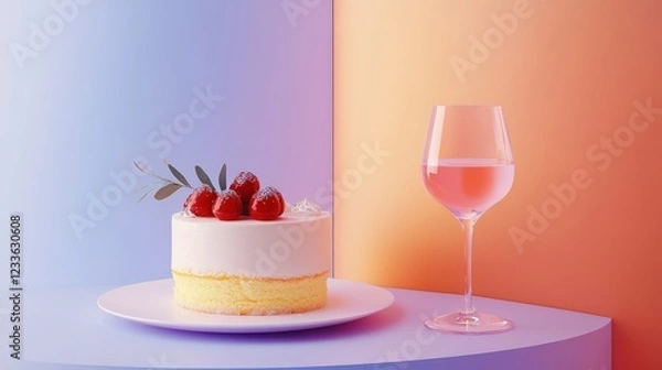 Fototapeta Strawberry cake and rose wine on a pastel background. Perfect for a celebration or special occasion.