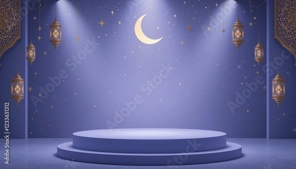 Fototapeta Elegant Ramadan Background Purple Stage Design with Golden Lanterns Crescent Moon and Stars Festive Islamic Celebration Display Product Presentation Mockup Night Scene 3d blue dark calm model light   