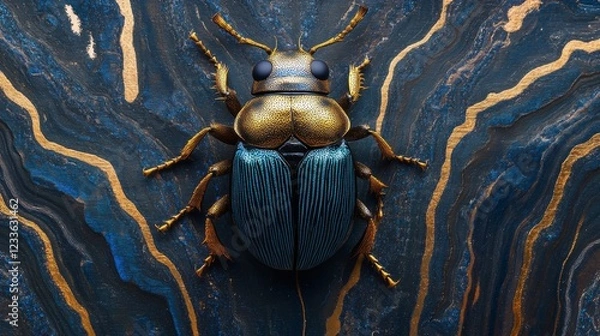 Obraz Elegant Golden and Blue Beetle on Luxury Marble Background