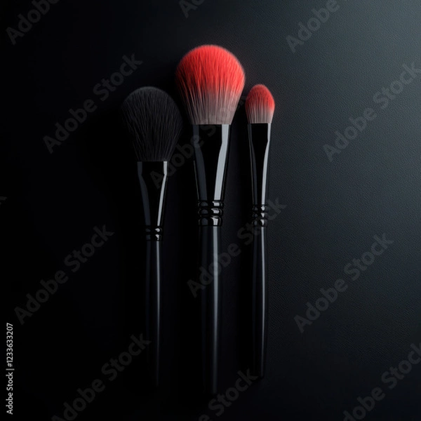 Fototapeta Realistic natural brushes with vibrant cosmetic products on dark background. brushes showcase blend of colors, perfect for makeup application and artistry