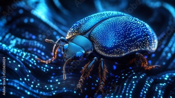 Obraz Luminous Blue Beetle on Glowing Digital Surface