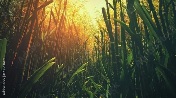 Fototapeta Golden Hour in the Grassland: A Low-Angle View of Tall Grasses Bathed in Warm Sunlight