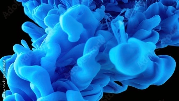 Fototapeta Vibrant blue fluid shape exhibits dynamic motion against a dark background, creating a stunning abstract visual with a sense of energy and creativity